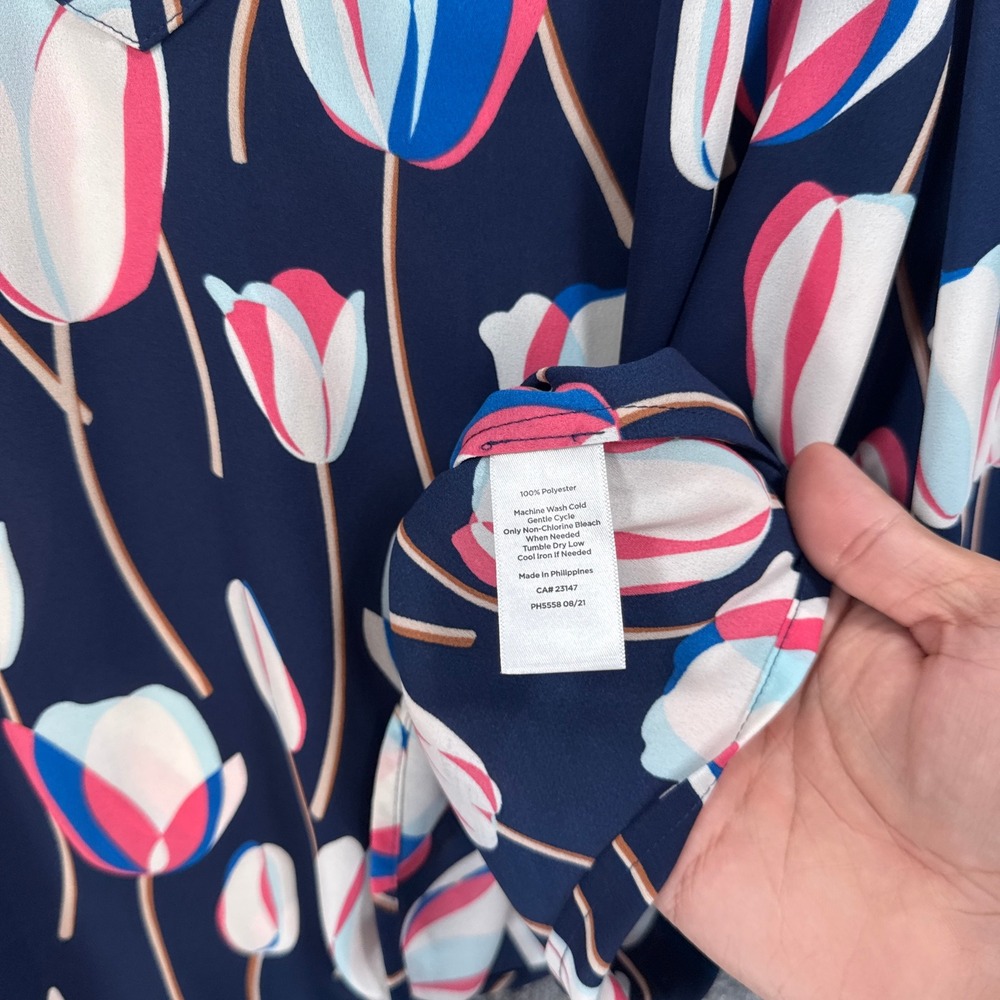 Talbots Blouse Womens 1X Petite Blue Tulip Print Ruffle Neck Floral Plus Size - Picture 4 of 8